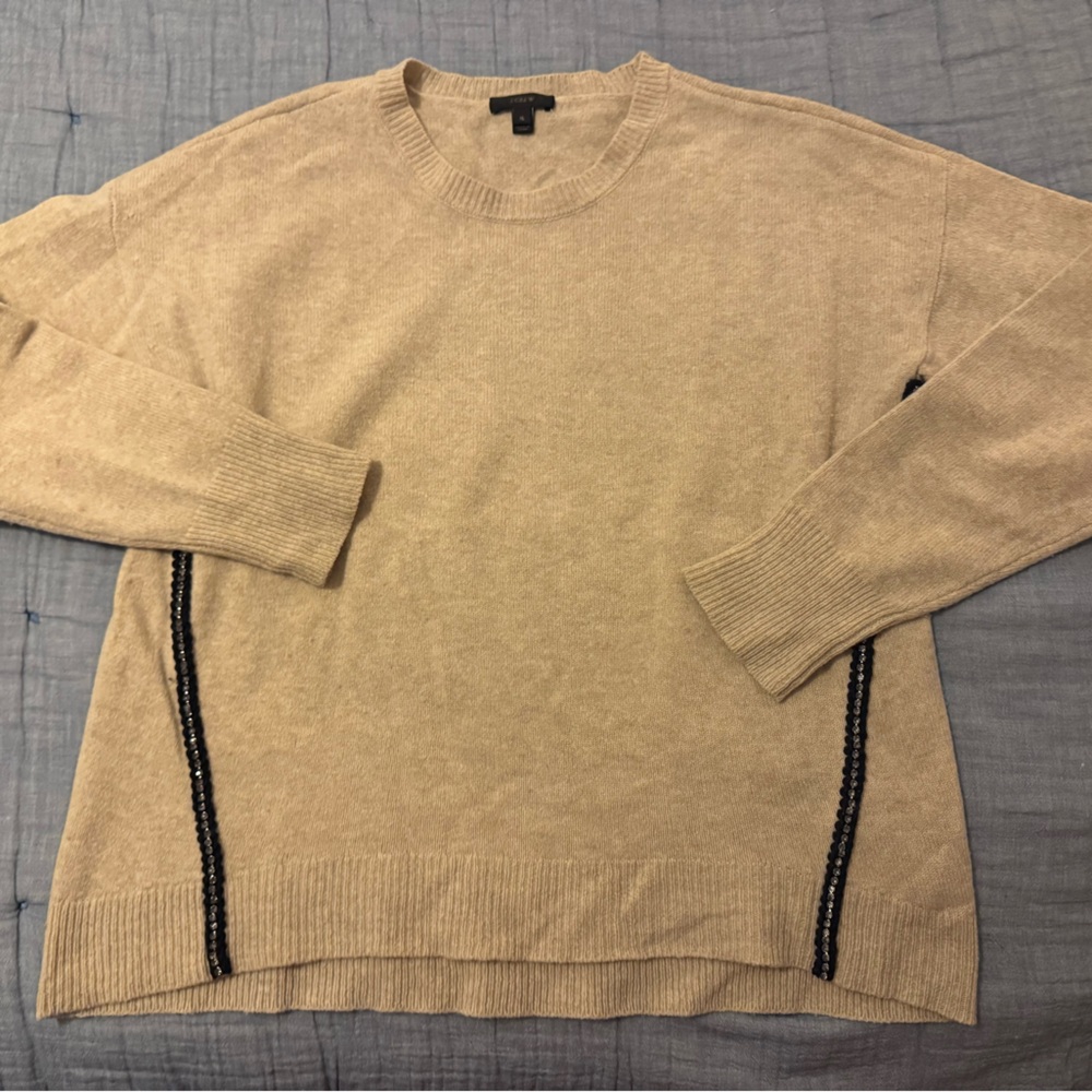 J. Crew Women's Tan Beige 100% Wool Sweater with Gem Detailing XL oversized